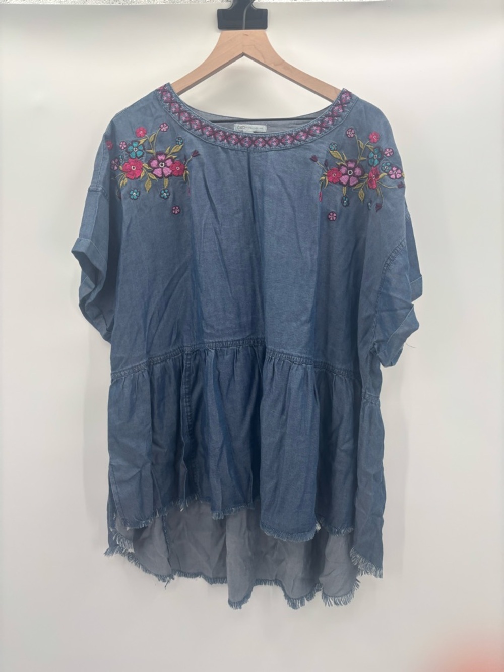 Cato Chambray Tiered Top with Floral Embroidery Size 22/24W
